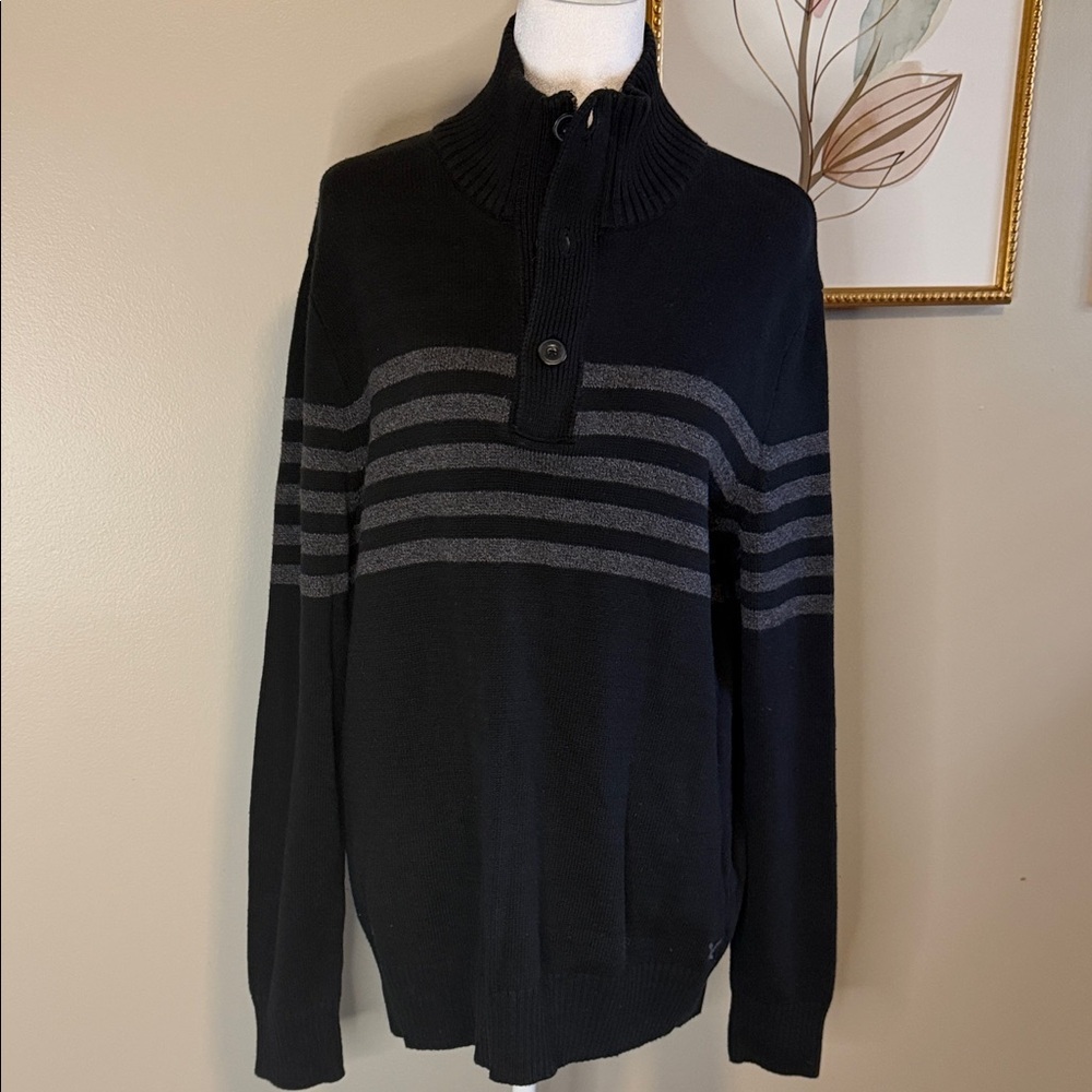 American Eagle Men's Large Tall Black and Gray Sweater 1/4 Button/Zip Sweater